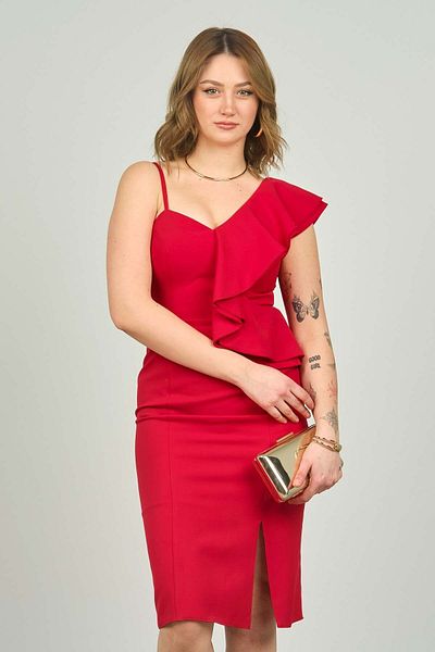 ESCOLL Women's One Shoulder Flounce Evening Dress 1557 Red
