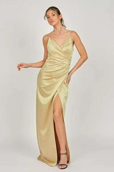 DORİDORCA Women's Strappy Satin Evening Dress 5924028 Gold