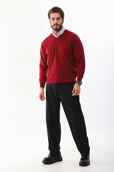 Günay Men's V-Neck Wool Sweater 5000 Red