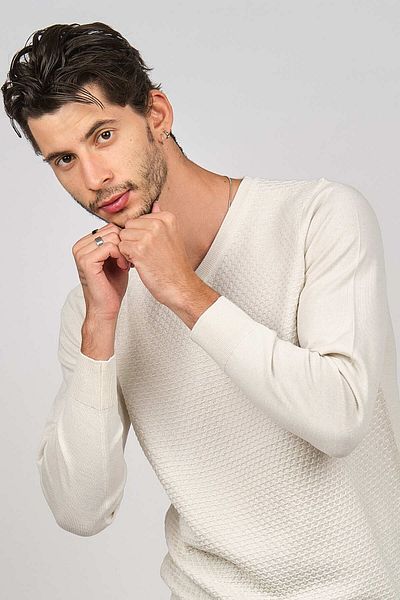 Desen Triko Pulover de lână cu decolteu în V pentru bărbați 0249617 Bone