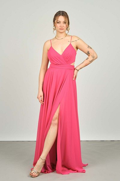DORİDORCA Doridorca Women's Rope Strap Back Detailed Long Evening Dress 4121 Fuchsia