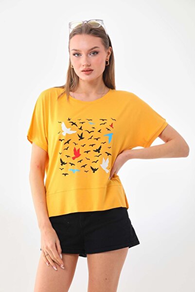 Sistas بلوزة نسائية منقوشة بأكمام قصيرة 23141 أصفر