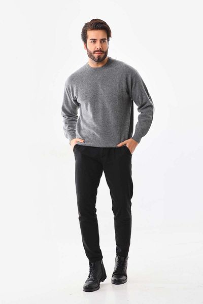 San&Fa Sanfa Men's Crew Neck Pure Wool Sweater 4114 Smoked
