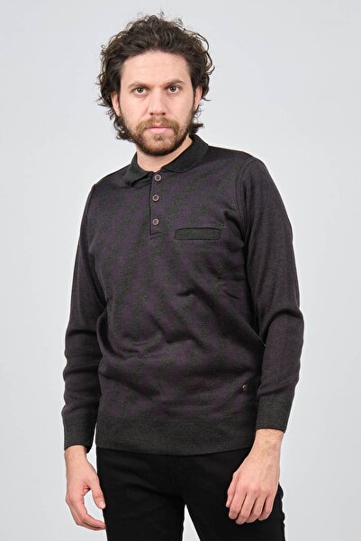Çizgi Triko Чоловічий джемпер з деталями на кишені та візерунком на комірі 42544213 Темно-сірий
