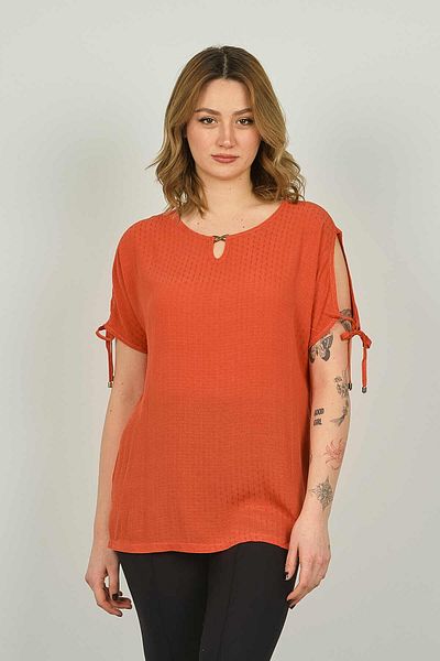 ELLA CAMELIA Women's Collar and Sleeve Detailed Patterned Blouse 19E008 Coral