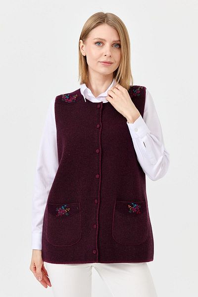 Desen Triko Women's Zero Collar Shoulder and Pocket Cover Felt Embroidered Button Vest 0242113 Plum