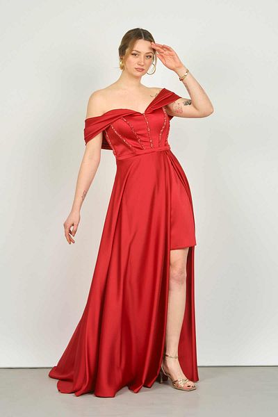 Saygın Women's Low Sleeve Corsage Flared Long Evening Dress 3475 Red