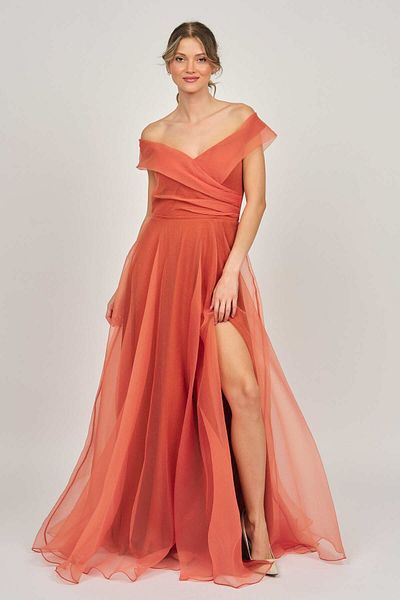 ŞEREF VURAL Women's Deep Slit Long Evening Dress 5437888 Orange