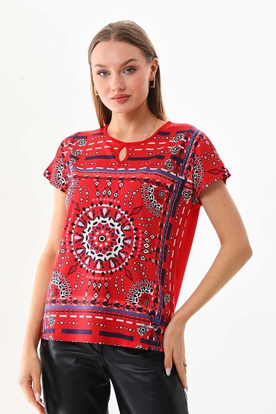 Sistas Women's Patterned Window Detailed Short Sleeve Blouse 23145 Red