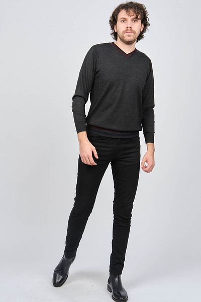 Desen Triko Men's Stripe Detailed V-Neck Wool Sweater 0247613 Smoked