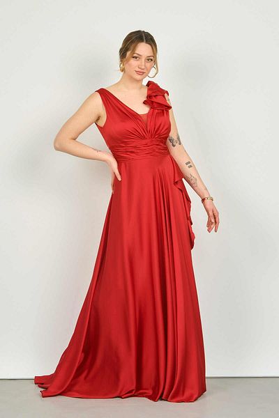 Saygın Women's Ruffle Detailed Wide Strap Long Evening Dress 1414 Red
