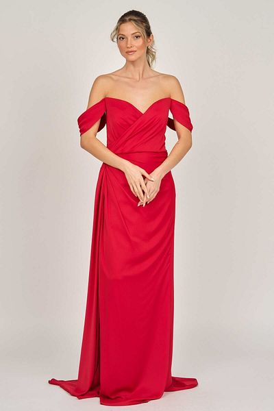 ŞEREF VURAL Women's Low Shoulder Long Evening Dress 5437987 Red
