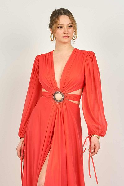 ŞEREF VURAL Women's Long Sleeve Chiffon Evening Dress 8135 Pomegranate Flower