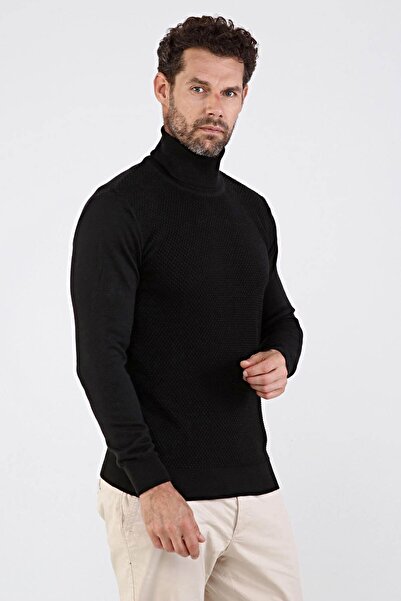 Çizgi Triko Men's Full Turtleneck Cotton Knitwear Sweater 4669e Black