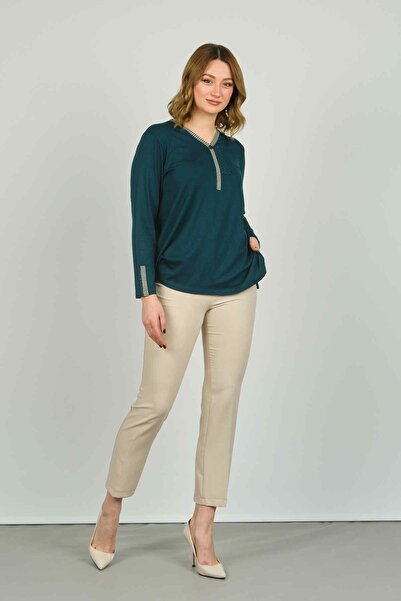 Detay Triko Bluză cu mâneci lungi brodate pentru femei, cu mâneci și guler 05...