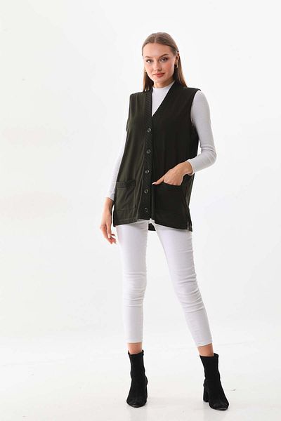 Günay Women's Pocket Detailed V-Neck Vest 2603 Khaki
