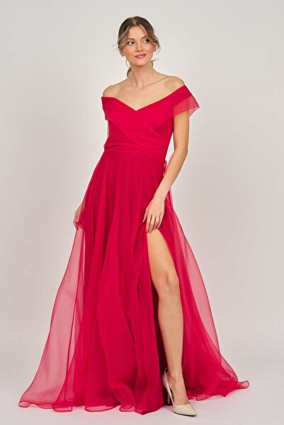 ŞEREF VURAL Women's Deep Slit Long Evening Dress 5437888 Red