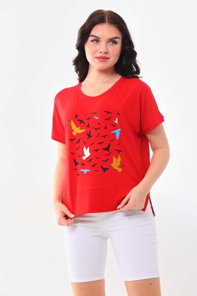 Sistas Women's Patterned Short Sleeve Blouse 23141 Red