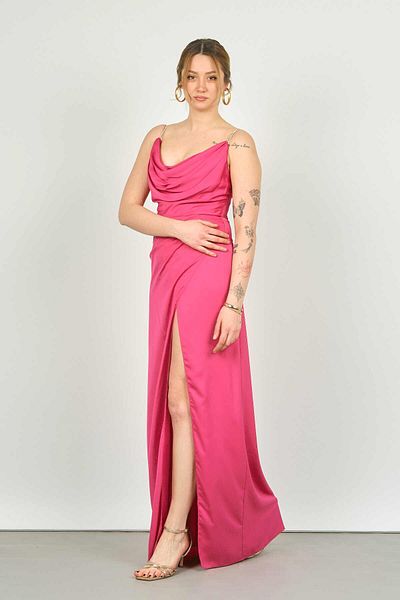 DORİDORCA Doridorca Women's Degaje Collar Evening Dress 4116 Fuchsia