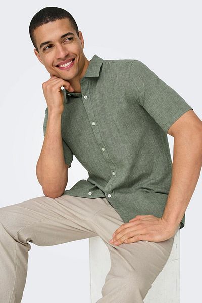 Only & Sons Ανδρικό λινό πουκάμισο Khaki - Onscaiden, Slim Fit, κοντό μανίκι 22009885