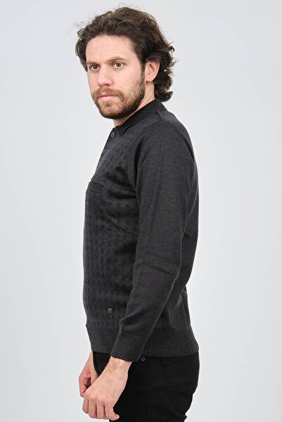 Çizgi Triko Чоловічий джинсовий светр з коміром-поло та деталями 42544216 Синій