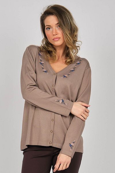 Desen Triko Women's Embroidered V-Neck Cardigan 0245324 Mink