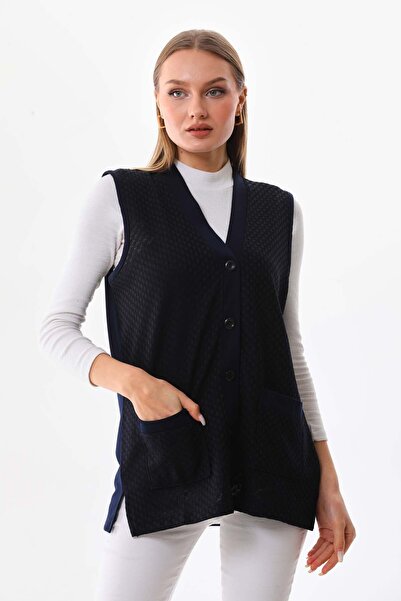 Günay Women's Side Slit Patterned Vest 22604 Navy Blue