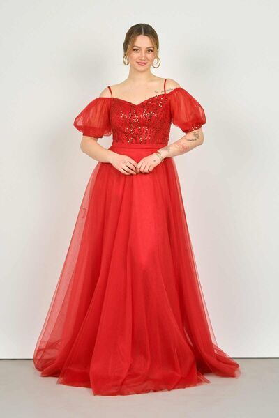Saygın Women's Balloon Sleeve Strap Sequined Tulle Long Evening Dress 3488 Red