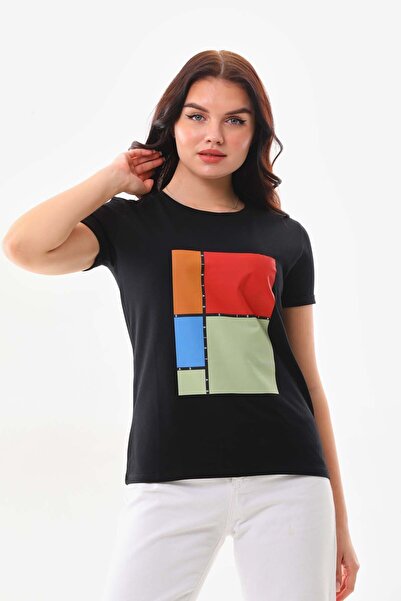 Sistas Жіноча бавовняна блуза з коротким рукавом і принтом 23163 Чорна