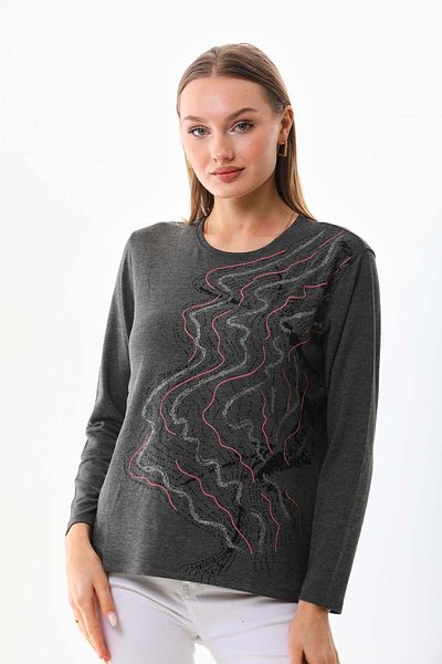 Sistas Women's Patterned Crew Neck Long Sleeve Blouse 23636 Anthracite