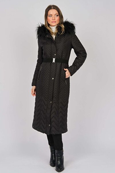 Veger Жіночий пуховик з капюшоном і поясом 4223046 Чорний
