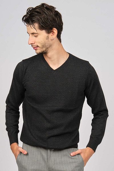 Desen Triko Men's V-Neck Wool Sweater 0249617 Smoked