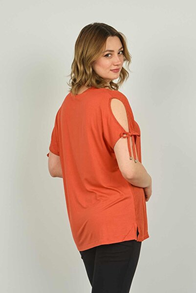 ELLA CAMELIA Women's Collar and Sleeve Detailed Patterned Blouse 19E008 Coral