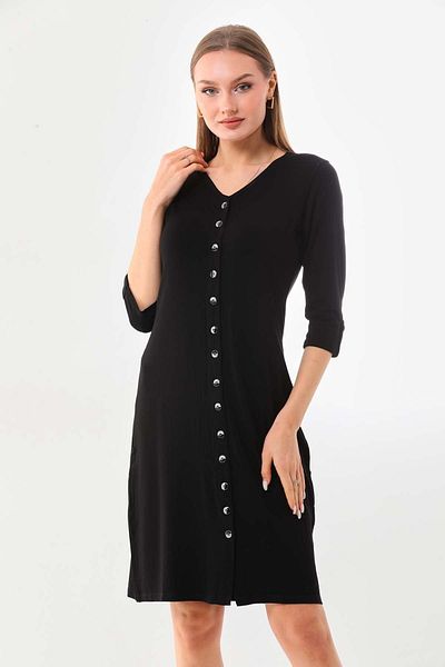 Sistas Rochie de damă cu decolteu în V cu nasturi 22445 neagră