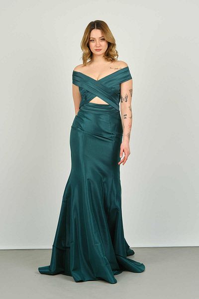 ŞEREF VURAL Women's Off Shoulder Window Detailed Fish Form Evening Dress 8239 Green