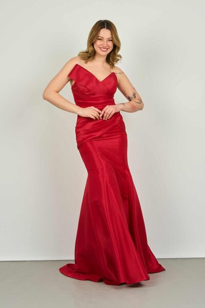 ŞEREF VURAL Women's Asymmetrical Collar Fish Form Evening Dress 8246 Red