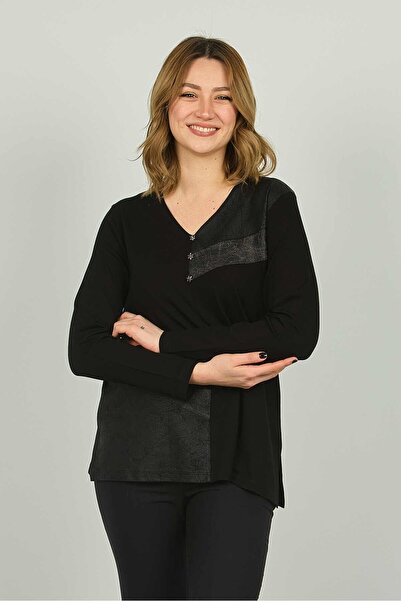 Detay Triko بلوزة نسائية من الجلد الصناعي برقبة على شكل حرف V وأكمام طويلة 45...