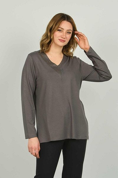Detay Triko Women's V-Neck Stone Decorated Long Sleeve Blouse 4588 Gray