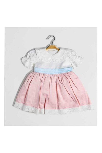 Şirin Şeyler Butiği Φόρεμα Margaret Girl's Blue Ribbon Scallop Λευκό ροζ κοντομάνικο φόρεμα γενεθλίων με χτένι
