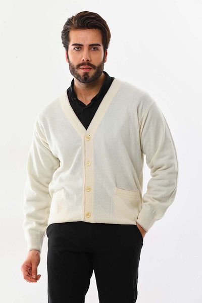 San&Fa Sanfa Men's V-Neck Pure Wool Cardigan 2634 Cream