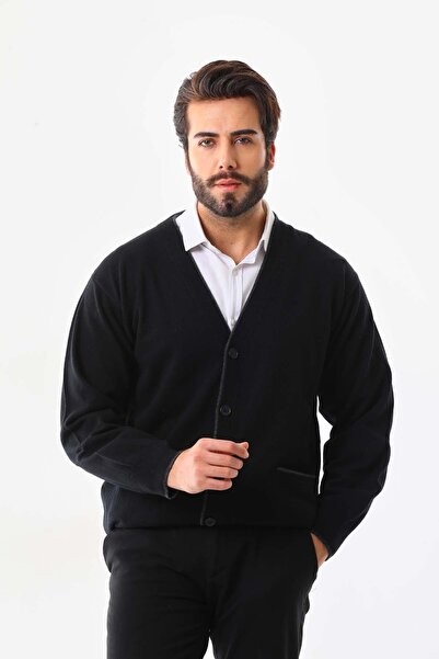 San&Fa Sanfa Men's V-Neck Pure Wool Cardigan 2634 Black
