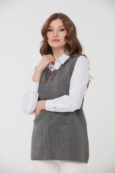 Desen Triko Women's Crew Neck Daisy Embroidered Wool Vest 0242190 Smoked