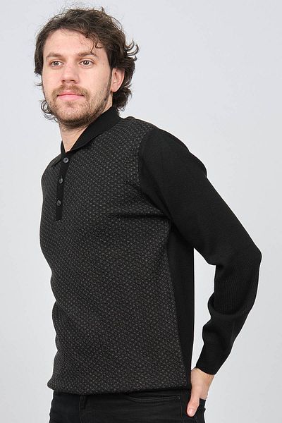 Ateş Triko Pulover de lână cu model cu gât polo pentru bărbați 6091503 Negru
