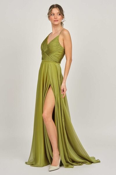 ŞEREF VURAL Women's Deep Slit Long Evening Dress 5437824 Green