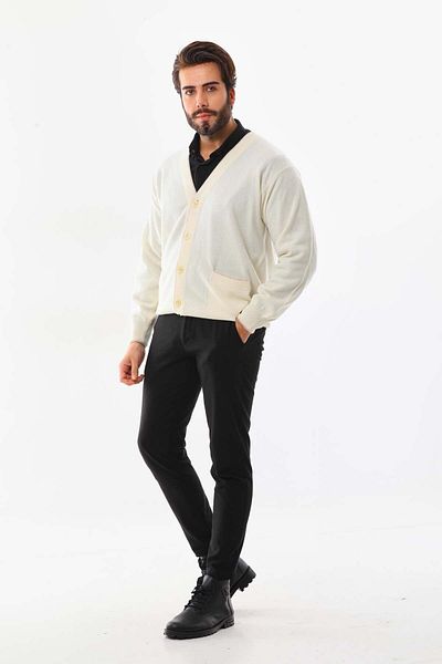 San&Fa Sanfa Men's V-Neck Pure Wool Cardigan 2634 Cream
