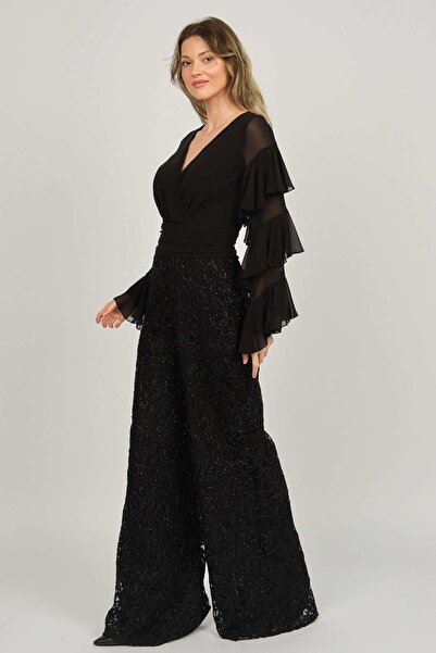 DORİDORCA Women's Sequined Ruffle Detailed Evening Dress Jumpsuit 5921011 Black