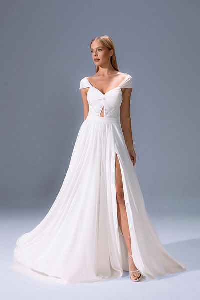 ŞEREF VURAL Women's Butterfly Sleeve Chiffon Long Evening Dress 8040 Bone