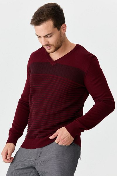 Desen Triko Pulover din lână cu decolteu în V pentru bărbați 0249640 Roșu Claret