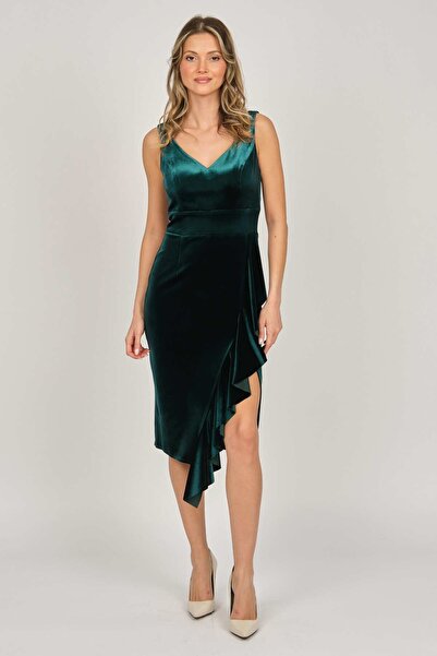 DORİDORCA Women's Velvet Short Evening Dress 5921198 Green