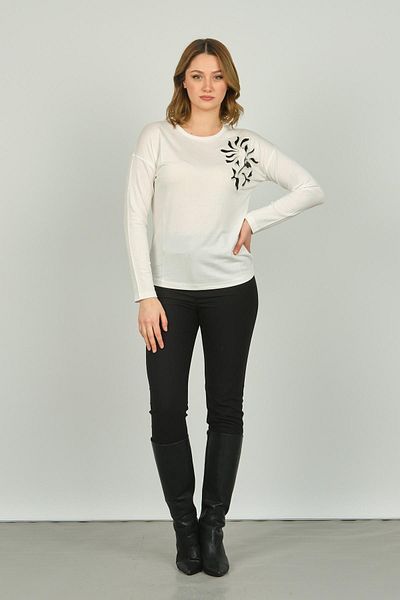 Sistas Women's Patterned Crew Neck Long Sleeve Blouse 3629 Ecru